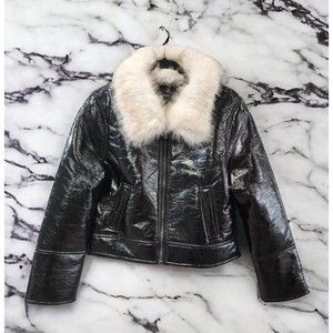 Unreal Fur Wet Look Aviator Biker Jacket Faux Leather and fur Black Size LG New